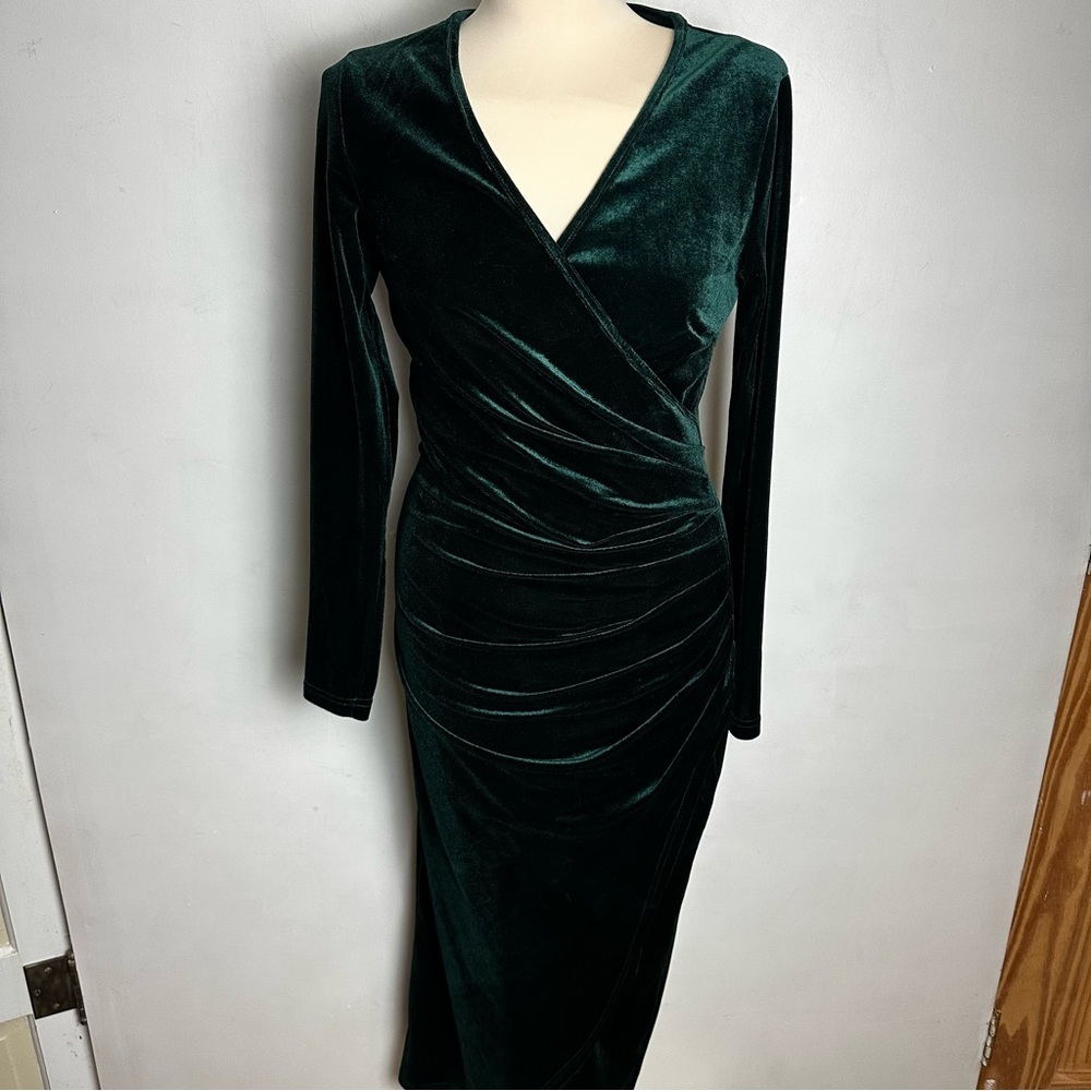 Velvet Wrap Dress Women's Med V Neck Ruched Bodycon Maxi Emerald Green DIRASS - Picture 12 of 12